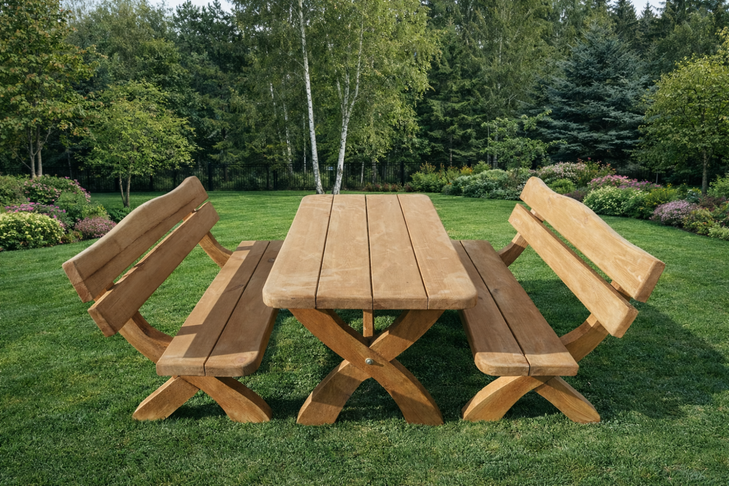 Zestaw mebli ogrodowych, stół plus dwie ławki 120 cm