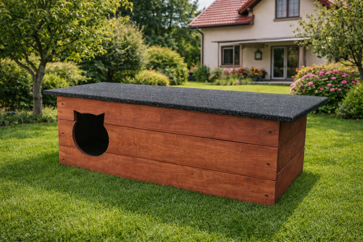 Buda, budka, dom dla kota z przedsionkiem i kurtyną