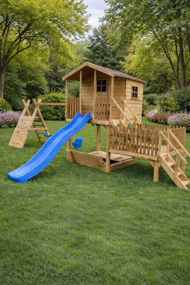 Plac zabaw, drewniany plac zabaw dla dzieci dwa tarasy